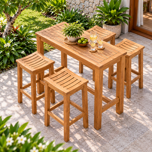 Silla de Bar de Teca Sólida de Primera Calidad, Estilo Contemporáneo, Asiento Curvo de Teca, Taburete de Bar para Exteriores con Asiento de Listones para Hoteles y Resorts - Product Image 5