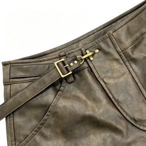 Shorts cargo pour homme en simili cuir marron, taille haute, avec ceinture et cordon de serrage, style workwear, longueur bermuda - Product Image 6