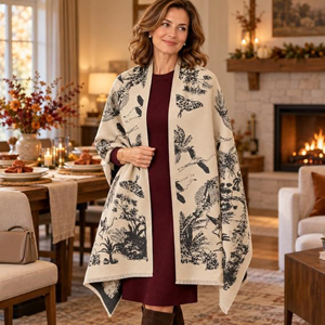 Cape cardigan en cachemire à motif botanique tropical tissé jacquard de qualité supérieure OEM, à franges, ouverte sur le devant, pour soirée - Product Image 2