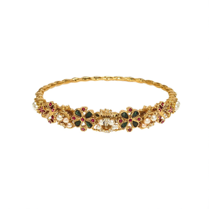 Ethnic Gold Plated Copper Brass <b>Bracelet</b> with Pearl and Geometric Flower Design - Product Image 2