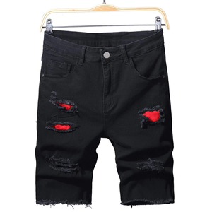 <b>Men's</b> Black Ripped Denim <b>Shorts</b> Casual Summer Cotton <b>Shorts</b> With <b>Red</b> Inner Lining Mid Waist Straight Leg Style - Product Image 6