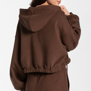 Women's Cropped <b>Zip</b> <b>Up</b> Hoodie Oversized Fleece Sweatshirt Casual Streetwear Drawstring Hooded Jacket Custom Logo OEM ODM Private - Product Image 3