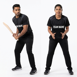 Conjunto de Uniforme de Cricket Unisex Negro, Camiseta de Manga Corta con Cuello Redondo, Pantalones con Cintura Elástica, 100% Poliéster, Nombre del Equipo - Product Image 3