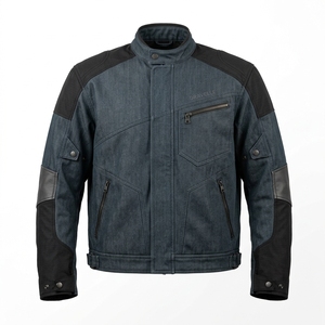 Blouson de moto en jean bleu délavé avec empiècements en cuir, style motard, vêtement d'extérieur tactique, streetwear décontracté pour homme, vintage - Product Image 1