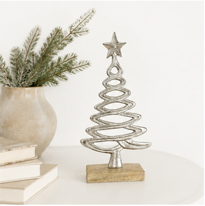 Handmade Silver Metal Christmas <b>Tree</b> Sculpture With Natural Wood Base Elegant Aluminum <b>Tabletop</b> Ornament For Festive Home Decor - Product Image 2