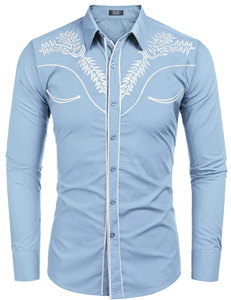 Chemise Western Brodé Homme Blanc Noir à Motifs Floraux avec Passepoil, Coupe Slim, Manches Longues, Boutons Pression Nacrés, en Polyester, Idéale pour l'Été - Product Image 3