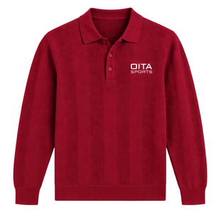 Crimson <b>Red</b> Mens <b>Long</b> <b>Sleeve</b> Knitted Polo Shirt Vertical Textured Pattern Ribbed Hem Casual Smart Pullover Fashion <b>Top</b> - Product Image 1