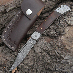 Couteau pliant de poche OEM en acier Damas, fait main, avec lame à motif, manche en bois durable, tranchant affûté, design compact, pour l'extérieur - Product Image 2