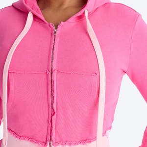 Premium Quality Women's Pink Hooded <b>Zip</b>-Up Cropped <b>Sweatshirt</b> With Pockets <b>Full</b> Length Fleece Casual Sportswear Distressed Set - Product Image 3
