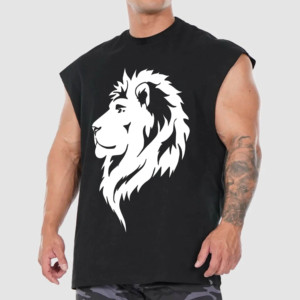 Camiseta sin Mangas Negra para Hombre, con Estampado de León, Cuello Redondo, Informal, Transpirable, 100% Algodón, Diseño de Logotipo Tejido en la Parte Delantera - Product Image 3