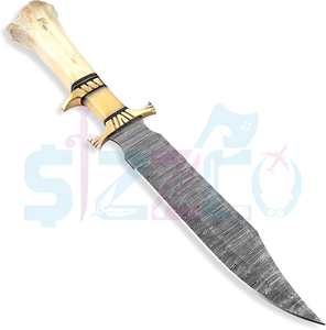 Beautiful Handmade Damascus Steel Bowie <b>Knife</b> with <b>Bone</b> <b>Handle</b> and Leather Sheath Brass Guard OEM Ready Logo & Custom Packaging - Product Image 3