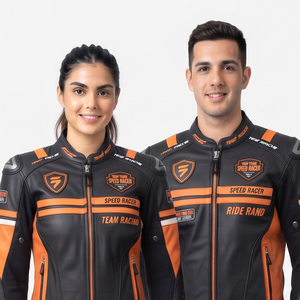 Blouson de moto unisexe en cuir à manches longues orange et noir, coupe-vent toutes saisons, veste de course, manteau de motard unisexe - Product Image 3