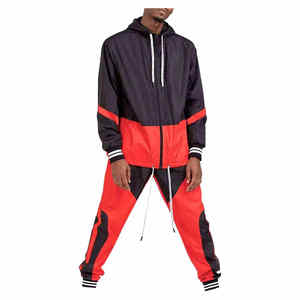 Ensemble de survêtement coupe-vent à capuche pour homme, noir et rouge, avec fermeture éclair, style sportif, pour l'automne, coupe classique, veste et pantalon en polyester - Product Image 4