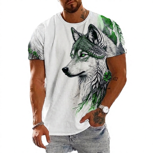 T-shirt à manches courtes pour homme en coton imprimé loup, col rond, coupe classique, motif animal, tissu jersey respirant - Product Image 3