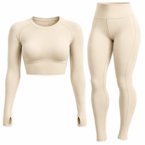 Conjunto de Yoga Ecológico de 2 Piezas para Mujer, Top Corto de Manga Larga y Leggings de Cintura Alta, Poliéster Reciclado, para Gimnasio y Fitness - Product Image 3