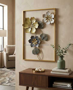 Ensemble de 3 pièces d'art mural en métal encadré or, sculpture murale suspendue avec fleurs et feuilles bleu sarcelle, plaque décorative pour fond de salon - Product Image 3