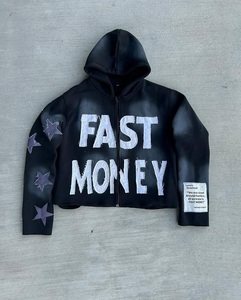 Custom Distressed Embroidery Zip Up Hoodie Raw Edge <b>Applique</b> <b>Letter</b> Patch Cropped Streetwear Hooded Jacket Wholesale - Product Image 1
