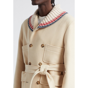 Manteau croisé en laine mélangée crème pour homme, de haute qualité, sur mesure, avec col tricoté et ceinture à la taille - Product Image 6