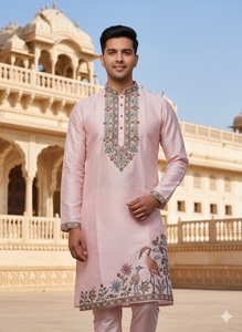Men's Pink Embroidered Silk <b>Kurta</b> Set Bird Floral Design Traditional <b>Indian</b> Pakistani Wedding Wear Regular Fit Ankle-Length - Product Image 3