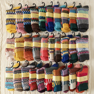 Chaussettes longues rétro pour femmes, en laine épaisse et chaude, rayées, tricotées, style national personnalisé, collection automne-hiver, vente en gros - Product Image 3