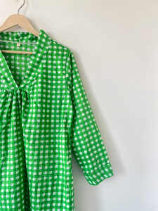 Robe midi à col en V à carreaux verts, manches trois quarts, coupe ample, style décontracté d'été, tissée 100% coton respirant - Product Image 5
