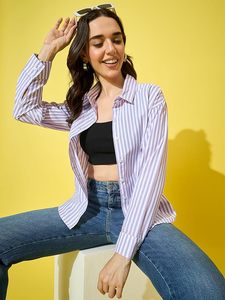 Women's Striped Button Down Shirt Long Sleeve Loose Fit Cotton Poplin Casual Blouse Everyday Wear - Product Image 2