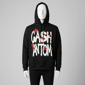 Sudadera con Capucha Personalizada para Hombre con Pedrería, Estampado Gráfico Puff, Estilo Y2K, Forro Polar Grueso, Hip Hop Streetwear, Negra Oversize - Product Image 3