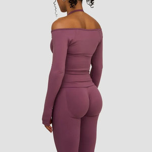 210 Gsm Custom Lightweight Off Shoulder Ribbed Material Women's Athletic Activewear Yoga <b>Long</b> Sleeve Thumb Hole Shirt - Product Image 5