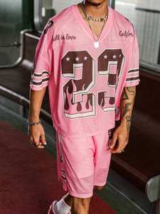 Ensemble de maillots de sport en maille rose personnalisés pour hommes, style streetwear oversize, avec impression de numéro, respirant, ensemble short et maillot, vente en gros OEM - Product Image 4