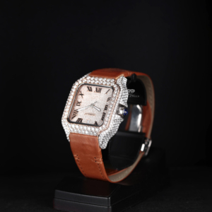 นาฬิกาข้อมือผู้ชายแบบอัตโนมัติ ดีไซน์ฮิปฮอป ประดับเพชรโมอิสซาไนต์ ตัวเรือนทรงเหลี่ยม หน้าปัดแบบโรมัน สายหนังสีน้ำตาล  แบบสั่งทำพิเศษ - Product Image 3