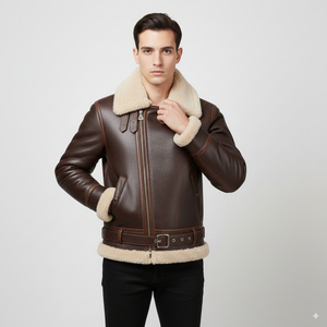 Chaqueta Bomber de Cuero Genuino para Hombre con Forro de Piel Sintética, Cierre de Cremallera, Estilo Motociclista de Invierno, Corte Regular - Product Image 3