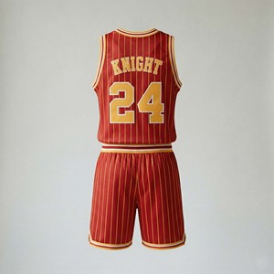 Ensemble de maillots de basket rétro personnalisés pour hommes, rouge et or à rayures fines, uniforme d'équipe vintage à col en V, short en mesh respirant - Product Image 6