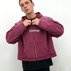 Sudadera con capucha informal de estilo urbano para hombre, de forro polar suave lavado, color burdeos, con cremallera y ribete desgastado, de corte oversize y a la moda. - Product Image 3
