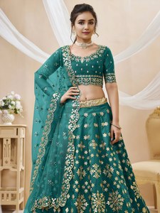 Robe de mariée Lehenga Choli en soie verte, brodée avec des miroirs, avec dupatta en filet, tenue de demoiselle d'honneur pour banquet - Product Image 2