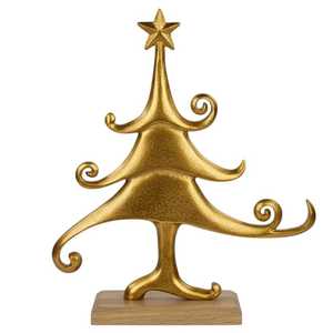 Whimsical Gold Metal Christmas Tree Sculpture Curly Whirly Swirl Branch Figurine Holiday Tabletop Centerpiece Wooden <b>Block</b> Base - Product Image 1