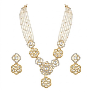 Collar de Plata 925 con Incrustaciones de Oro Kundan y Cadenas de Perlas, con Pendientes Colgantes de Flores a Juego, Joyería Nupcial India Tradicional para Mujer - Product Image 2