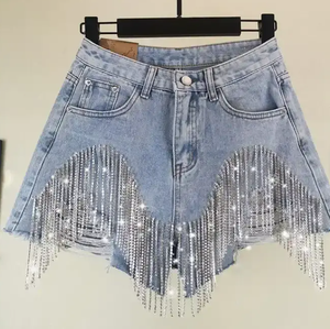 Women's High Waist Denim Shorts <b>Asymmetric</b> Tassel Distressed Washed Cotton Casual Summer Shorts - Product Image 2