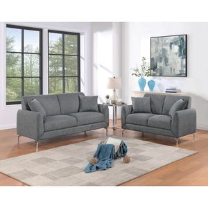 Elegante Juego de Sofá de 2 Piezas en Tela Gris Oscuro Tipo Arpillera, Diseño Acogedor, Sofá de Dos Plazas Afelpado con Almohadas para Mayor Comodidad en la Sala de Estar - Product Image 1