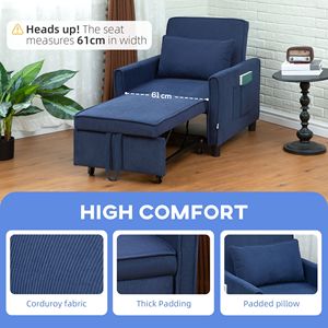 3-in-1 Convertible Blue Sofa Bed Pull Out Sleeper Chair with Adjustable <b>Backrest</b> and Pillow Pockets - Product Image 6