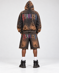 <b>Men's</b> Distressed Stone Wash <b>Hoodie</b> <b>and</b> <b>Shorts</b> <b>Set</b> Colorful FEARLESS Print Loose Streetwear Tracksuit - Product Image 3