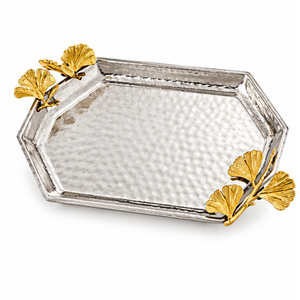 Plateau de service rond en acier inoxydable martelé avec poignées en feuille d'or, idéal pour table basse décorative, mariages, hôtels et fêtes - Product Image 5