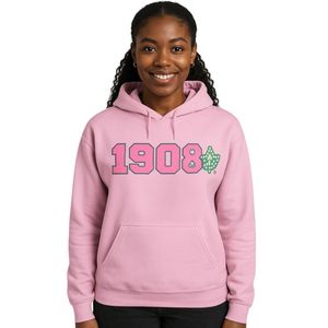 Sudadera con Capucha AKA Light Pink 1908 Ivy, Sudadera de Forro Polar con Gráficos en Verde y Rosa, Unisex, Ropa de Hermandad Griega, OEM ODM - Product Image 1