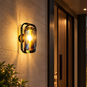 Applique murale ovale moderne en cuivre noir, abat-jour en verre capsule ambré, luminaire mural intérieur/extérieur - Product Image 1