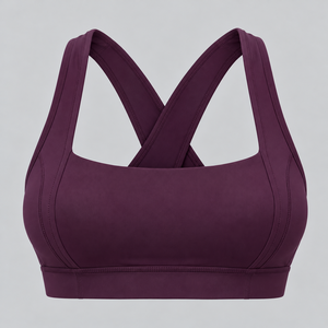 Sujetador deportivo de soporte medio para mujer, color morado liso, cuello cuadrado, tirantes cruzados - Product Image 1