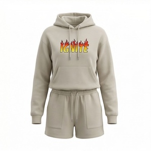 Women's 2 Piece Hoodie Shorts Set Fleece Casual Loose Fit Above <b>Knee</b> With Ignite Flame Print <b>Heat</b> Transfer Design - Product Image 1