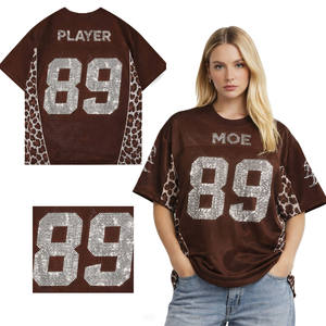 Maillot de football américain surdimensionné pour femme avec strass et numéros, style streetwear hip-hop, empiècements léopard, OEM - Product Image 1