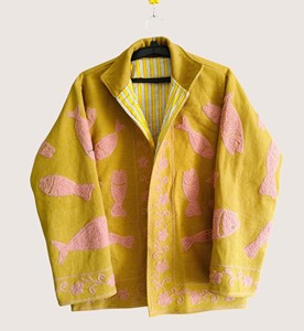 Veste en velours côtelé jaune vintage avec broderie de poisson rose, manches classiques, col rond, motif bohème éco-responsable Suzani, décontractée - Product Image 2