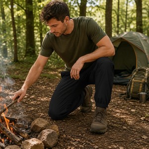 Pantalon cargo décontracté pour homme, taille élastique avec cordon de serrage, en coton mi-lourd, multi-poches, bas de survêtement - Product Image 4