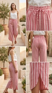Pantalones Casuales de Verano para Mujer, de Cintura Baja, Pierna Ancha, Corte Holgado, Pliegues Delanteros, 100% Algodón Transpirable, Rayas Oscuras, Largos - Product Image 4