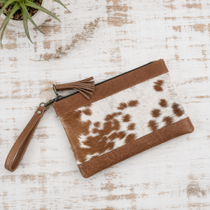 Cowhide Leather Clutch Pouch Brown White Hairon <b>Wristlet</b> Bag With Tassel Zipper Travel Wallet Purse Crossbody Strap - Product Image 4